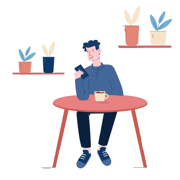 Genç adam, kafede oturmuş cep telefonuyla sohbet ediyor. İnternetten Wifi 'nin kahvesini içiyor. Sosyal Ağ Çizgi Filmi Düz Vektör İllüzyonunda Kahve molası Erkek Karakteri Çevrimiçi Mesajlaşma — Stok Vektör