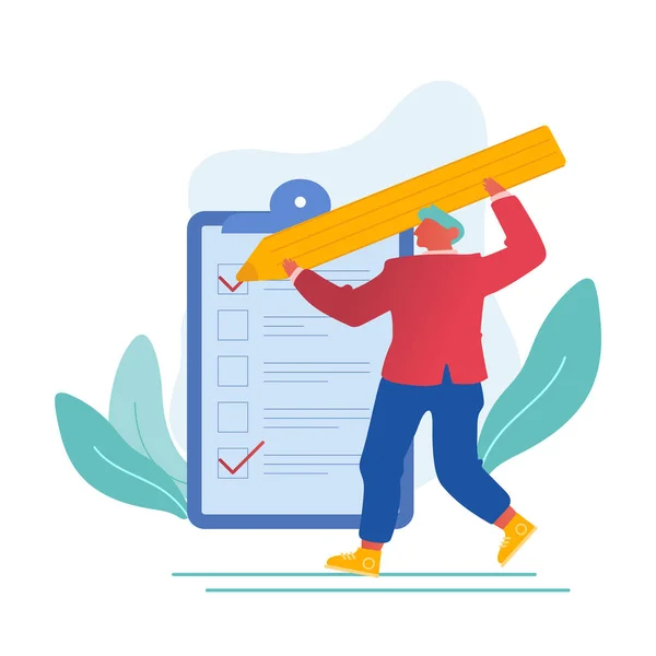 Üzletember Jelölje be jelölőnégyzetek kitöltése Checklist on Huge Clipboard Searching Solution, Planning Deals or Thinking New Ideas. Feladat vagy kérdőív lista Eredmény Rajzfilm lapos vektor illusztráció — Stock Vector