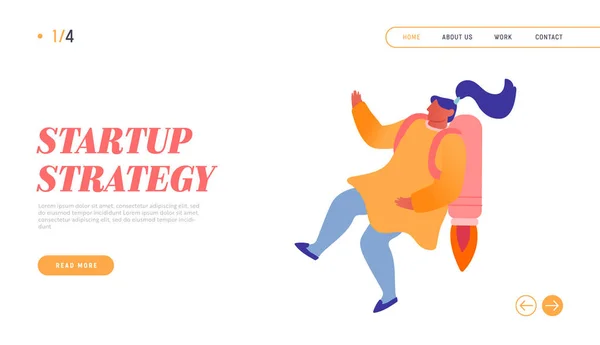 Career Boost, Working Success Website Landing Page. Fille avec fusée sur le dos atteindre un nouveau niveau de développement. Femme d'affaires ou gestionnaire Voler sur la bannière de la page Web Jetpack. Illustration vectorielle plate de bande dessinée — Image vectorielle