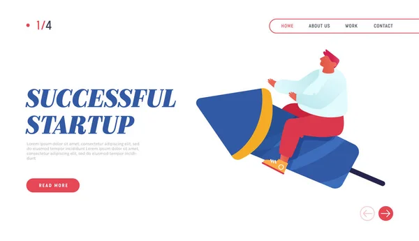 Üzleti verseny, Startup Launch Website Landing Page. Üzletember Lovaglás Rocket Engine Racing pénzügyi siker. Üzleti Karrier Boost Rajzfilm oldal Banner. Rajzfilm lapos vektor illusztráció — Stock Vector