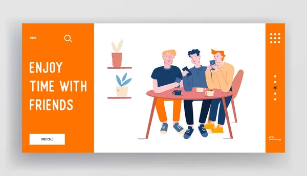 Young Men Sitting in Cafe Chatting in Mobile Phone Drink Coffee Website Landing Page. Male Characters Online Messaging in Social Network Recreation Web Page Banner. Cartoon Flat Vector Illustration — 스톡 벡터