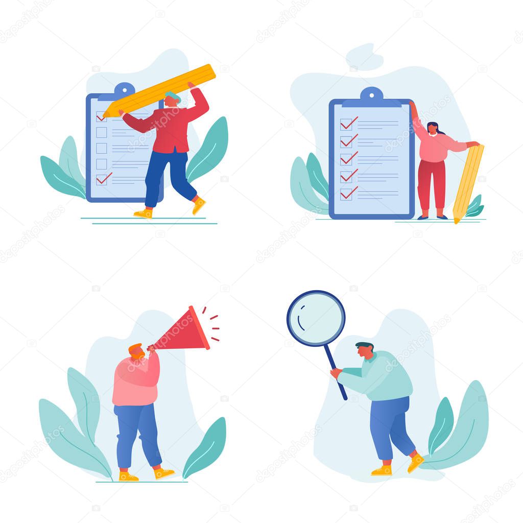 Businesspeople Filling Checklist Set isolated on White Background. Business Men and Women Cry to Loudspeaker, Looking through Magnifying Glass, Put Check Marks on Doc Cartoon Flat Vector Illustration