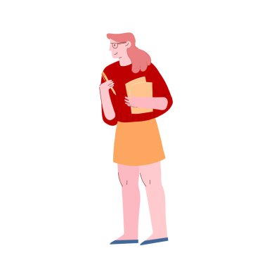 Ofis Kadını Belge Dosyalarını ve Kalem Ellerinde Taşır. İş kadını, Sekreter Karakteri, Çalışan, Gündüz Muhasebe Bürosu Müdürü ya da Öğrencisi. Çizgi film Düz Vektör İllüstrasyonu