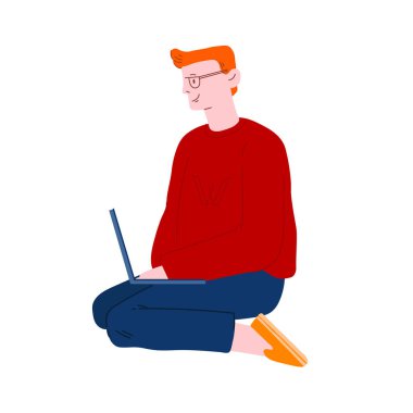 Gözlüklü Genç Erkek Öğrenci Dizüstü bilgisayarda çalışıyor. Beyaz arka planda tek başına oturuyor. Uzaklık Çevrimiçi Eğitim, Elektronik Öğrenme, E-Kitaplar Kütüphanesi Çizgi Filmi Düz Vektör İllüstrasyonu