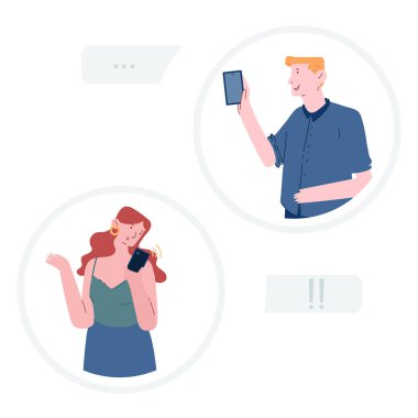 Genç Karakterler Konuşuyor. Mobil Aygıtlarla Kadın ve Erkek Çevrimiçi İletişim. Sosyal Medya Ağı Çizgi Filmi Düz Vektör İllüzyonu 'nda Smartphone ile Birbirleriyle Konuşan Gençler