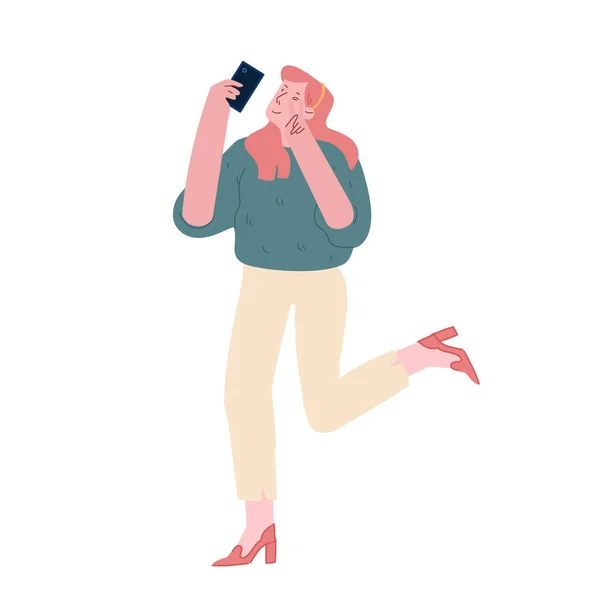 Young Woman Character Chatting in Social Networks, Communiquer en ligne avec un appareil mobile. Étudiante à la mode moderne, employée de bureau faisant du selfie sur smartphone Illustration vectorielle plate de bande dessinée — Image vectorielle