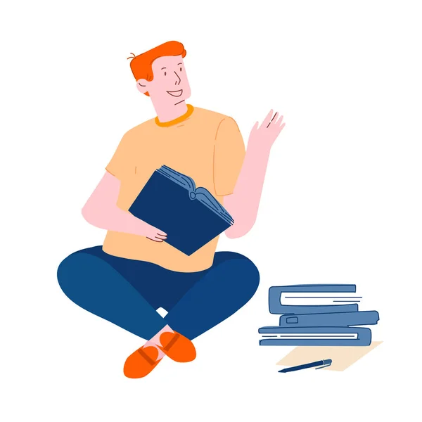Young Man Student Sitting with Books Learning Homework or Prepare to Exams in University or College Isolated on White Background. Education Gaining Knowledge Concept Cartoon Flat Vector Illustration — 스톡 벡터