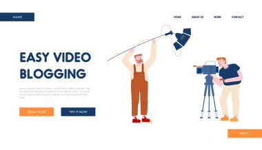 Video Blog Sitesi İniş Sayfası. Kamera Ekipmanı ve Spotlight Kayıt Vlog 'u ya da Internet Post' u olan erkek personel. Film Yapımı Süreç Yayını Web Sayfası Afişi. Çizgi film Düz Vektör İllüstrasyonu