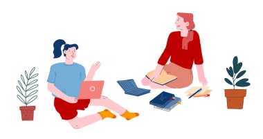 Kadın Öğrenciler Konferansı ya da Çalışma Süreci. Kitap ve Laptop Eğitim ve Dinleme Dersi Çevrimiçi, Öğrenme ve İzleme Dersleriyle Yerde Oturan Kızlar. Çizgi film Düz Vektör İllüstrasyonu