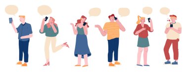 Beyaz Arkaplan 'da izole edilmiş konuşma baloncukları ve akıllı telefonlar ile iletişim kuran kalabalık. Genç Erkek ve Kadın Gençler Gadget Çizgi Filmleri Düz Vektör İllüzyonu Kullanarak Sohbet ve İletişim Kuruyor