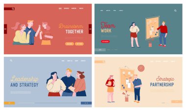 Beyin Fırtınası ve Üretici İletişim Sitesi İniş Sayfası Ayarlandı. Office People Communicate, Gol Achievement with Kanban Technology, Scrum Board web sayfası afişi. Çizgi film Düz Vektör İllüstrasyonu