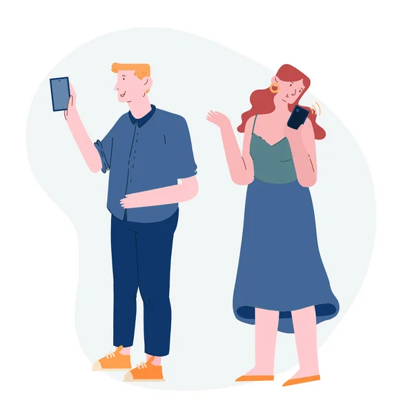 Tieners sms 'en Sms' en op mobiele telefoon. Jonge man en vrouw sturen berichten naar vrienden met behulp van mobiele telefoon. Studenten verslaving aan sociale netwerk- en telefoontechnologie Cartoon Flat Vector Illustratie — Stockvector