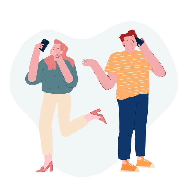 Adolescents et Gadgets Concept. Happy Girl Show Victory Gesture sur Smartphone Camera Faire Selfie pour Internet. Yong Man Communiquer par téléphone portable Smart Phone Facilité d'emploi Dessin animé Illustration vectorielle plate — Image vectorielle