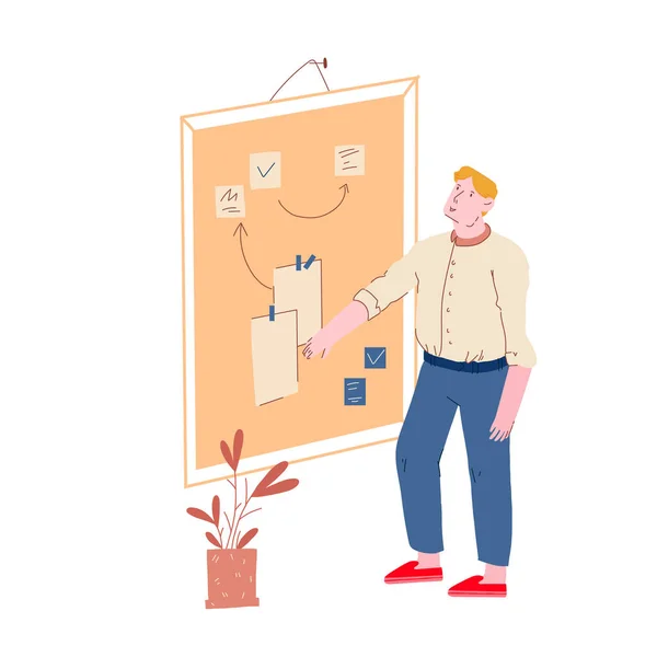 Zakenman zet Stick Notes om Strategie van Project Management te creëren bij Scrum Task Board. Agile Software Development, Brainstorm Doel Prestatie Kanban Technologie. Cartoon Flat Vector Illustratie — Stockvector