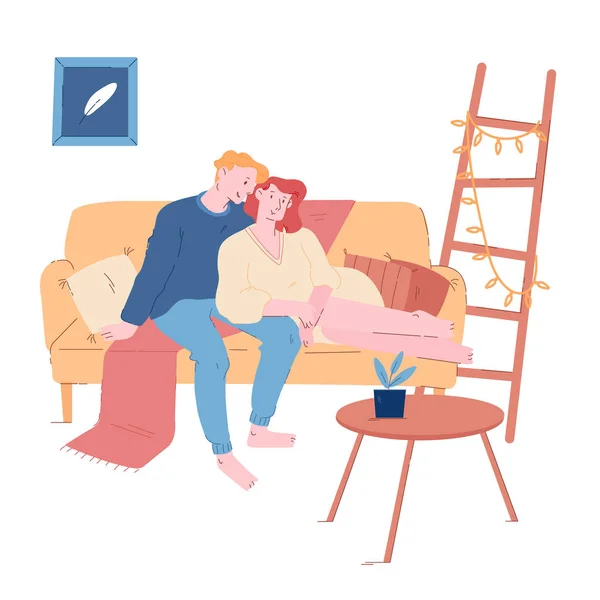 Relaciones románticas de amor. Joven pareja amorosa abrazándose sentada en el sofá en casa. Hombre Abrace Mujer Sentado en un sofá en la sala de estar Tiempo libre Ocio Día de San Valentín Citas Dibujos animados plana Vector Ilustración — Vector de stock