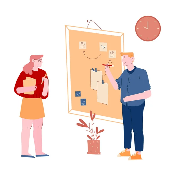 Agilis fejlesztési szoftver metodológia koncepció. Az emberek ragaszkodnak papírok Big Organizer, Tervezés és elemzés munkafolyamat, Scrum Task Board Team Work Lifecycle. Rajzfilm lapos vektor illusztráció — Stock Vector