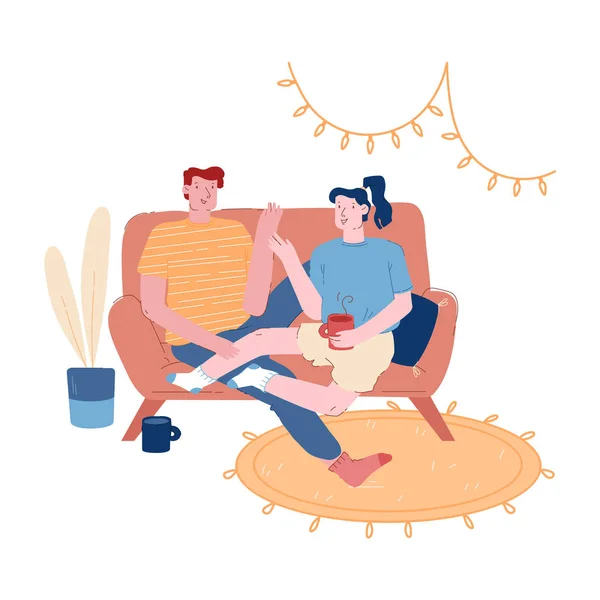 Personagens femininos masculinos juntos na noite de fim de semana. Jovem casal amoroso sentado no sofá na sala de estar bebendo chá, conversando. Amor Lazer Família Sparetime Dia Off Cartoon Plano Vector Ilustração —  Vetores de Stock