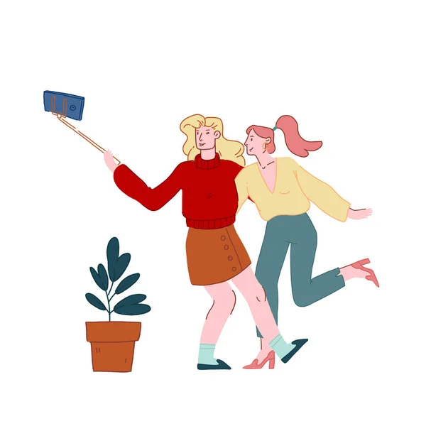 Giovani ragazze rilassante, Fare selfie su Smartphone per posta in reti Internet. Donne che visitano Cafe, Personaggi femminili in luogo ricreativo, Incontro di fidanzate. Illustrazione del vettore piatto del fumetto — Vettoriale Stock