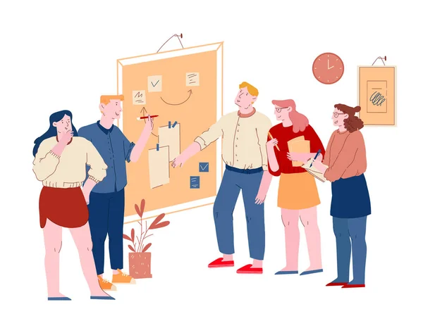 Business People Communicate at Board Meeting Discussing Idea in Office. Team Project Development, Teamwork Process. Employee Brainstorm Work Together, Search Solution Cartoon Flat Vector Illustration — 스톡 벡터