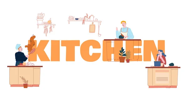 Menschen kochen nach Küchenkonzept. Männliche und weibliche Charaktere in Kochkleidung bereiten Essen zu. gesunde ernährung, tv show, klasse workshop poster banner flyer broschüre. Cartoon flache Vektorillustration — Stockvektor