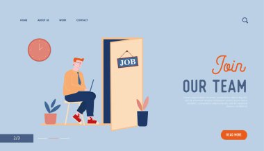 Çalışan İstihdam Süreci, Aday Web Sitesi İniş Sayfası Seçimi. Başvuru Bekleyen İş Görüşmesi Randevusu Kapı Web Sayfası Afişi 'nin koridorunda oturuyor. Çizgi film Düz Vektör İllüstrasyonu, Satır Sanatı