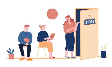 İşe alım, İş Görüşmesi Konsepti. İşsiz İnsanlar İş Arıyor 'da. Cv Belgeleriyle Erkek ve Kadın Başvuruları Ofis Salonunda Oturarak Randevu Bekliyor Çizgi Film Düz Vektör Çizimi, Çizgi Sanat Çizgisi