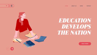 Üniversite ya da Üniversite İnternet Sitesi İniş Sayfası. Öğrenci Kız Tutma Kitabı Sınava Hazırlan ya da Ödev Yap, Öğrenme Web Sayfası Afişi Oku. Çizgi film Düz Vektör İllüstrasyonu, Satır Sanatı