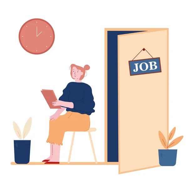 Concept de recrutement Hr. Candidat femme avec Cv dans la main assis sur la chaise devant la porte pour donner entretien d'emploi. Embauche de travail, Ressources humaines Dessin animé conceptuel Illustration vectorielle plate, Line Art — Image vectorielle