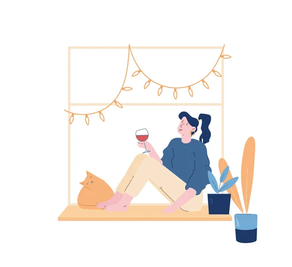 Fille avec Pet Weekend Home Relaxation. Jeune femme assise sur le rebord de la fenêtre avec du verre et du vin à boire regardant par la fenêtre. Loisirs Temps libre Dessin animé Illustration vectorielle plate, Line Art — Image vectorielle