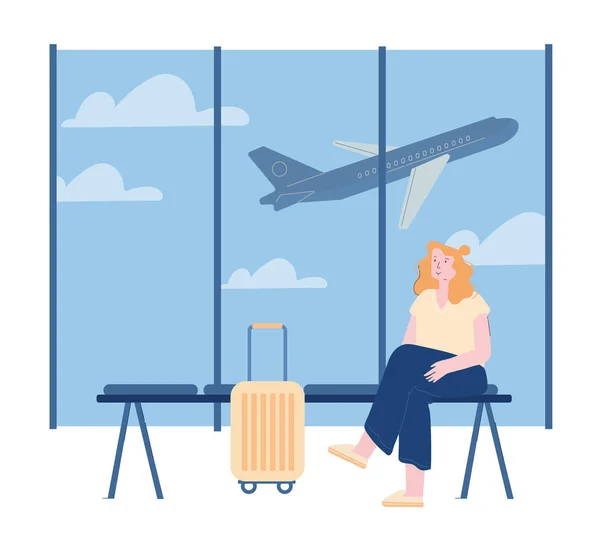 Personagem jovem mulher com bagagem esperando voo na área terminal do aeroporto com avião voador em segundo plano. Férias de Verão. A rapariga vai para o Trip. Desenhos animados plana Vector Ilustração, Line Art — Vetor de Stock