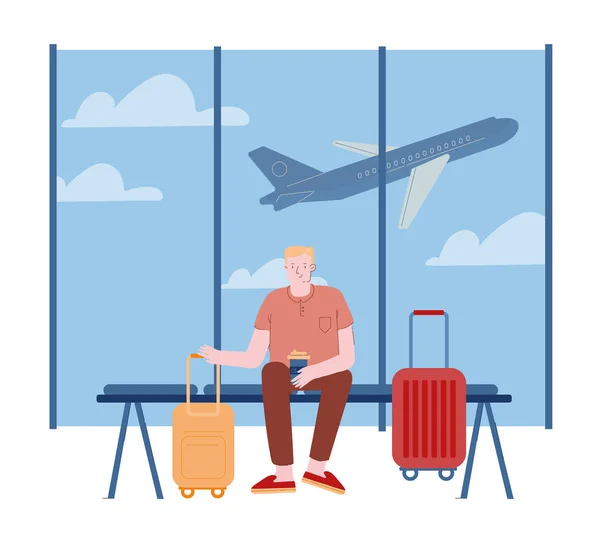 Leende ung man håller kaffe Cup i handen Sitter med resväskor bagage på flygplatsen med flygande plan på bakgrunden. Sommar semester, Arbeta resa tecknad platt vektor Illustration linje konst — Stock vektor