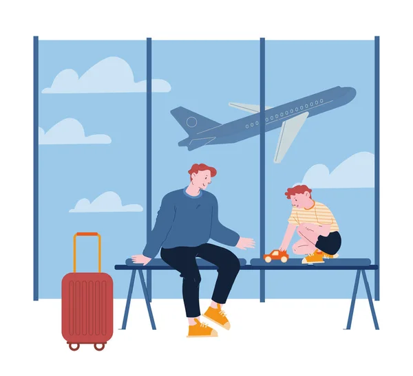 Father Traveling with Son on Summer Vacation. Young Man and Little Boy Play with Car in Airport Terminal Waiting Area, Airplane Fly in Sky. Happy Family Trip Cartoon Flat Vector Illustration, Line Art — Stock Vector