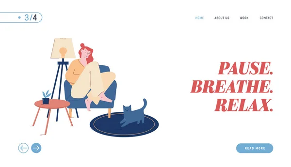 孤独、リラクゼーションウェブサイトランディングページ。若い女性は猫が床に座って家で寝て居心地の良い肘掛け椅子に座っています.タイヤガールNAPPウェブページ｜バナー漫画フラットベクトルイラスト,ラインアート — ストックベクタ