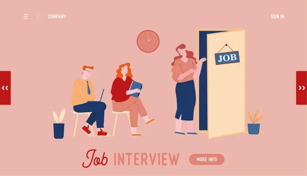 Job Interview Website Landing Page. Man and Woman with Cv Sitting in Waiting Room Setting Mind Up Before Meeting with Potential Employer Web Page Banner. Cartoon Flat Vector Illustration, Line Art — 스톡 벡터