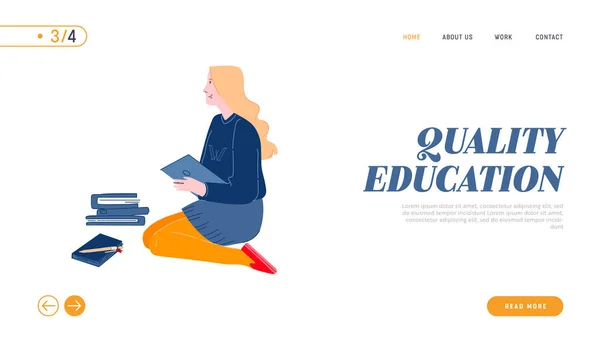 Quality Education Website Landing Page. Girl Reading Book in College or University Student Back to School, Female Character Gaining Knowledge Web Page Banner. Cartoon Flat Vector Illustration Line Art — 스톡 벡터
