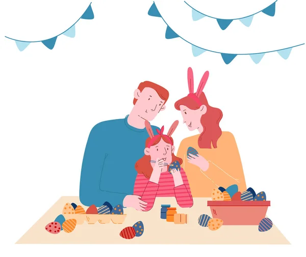 快乐的家庭迎接复活节假期的到来。 兔耳朵彩绘蛋的母亲、父亲和小女儿、父母和儿童业余时间。 卡通平面矢量图解、线条艺术 — 图库矢量图片