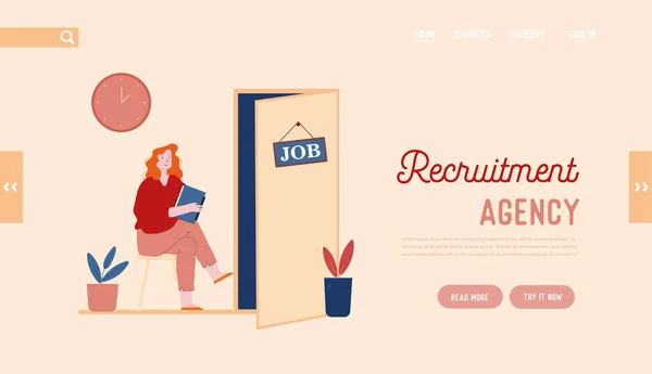 Hr Recrutamento Website Landing Page. Candidate Woman with Cv in Hand Sitting on Chair Front of Door for Giving Job Entrevista. Banner da página de Recursos Humanos. Desenhos animados Plano Vetor Ilustração Linha Arte —  Vetores de Stock