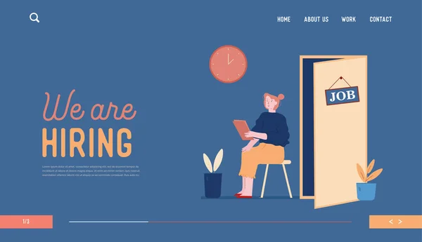 Hr Recrutamento Website Landing Page. Candidate Woman with Cv in Hand Sitting on Chair Front of Door for Giving Job Entrevista. Banner de página web de contratação de trabalho. Desenhos animados plana Vector Ilustração, Line Art —  Vetores de Stock