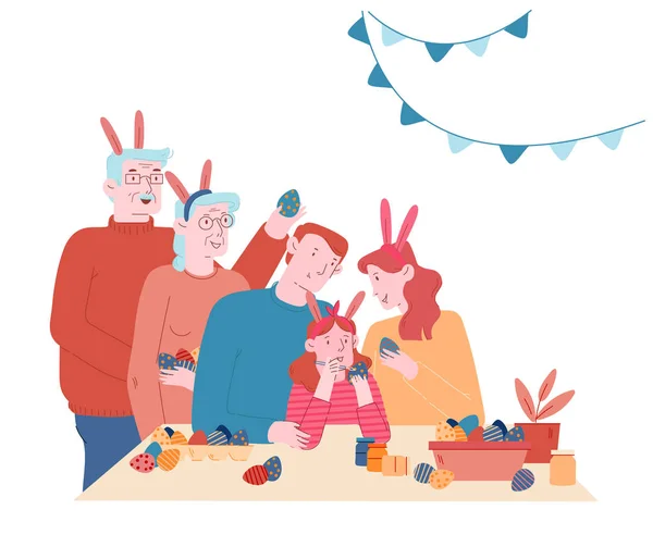 Família feliz Prepare-se para a celebração da Páscoa. Pais, avós e garotinha em ovos de pintura de orelhas de coelho. As pessoas passam tempo juntas. Férias de Primavera. Desenhos animados plana Vector Ilustração, Line Art — Vetor de Stock