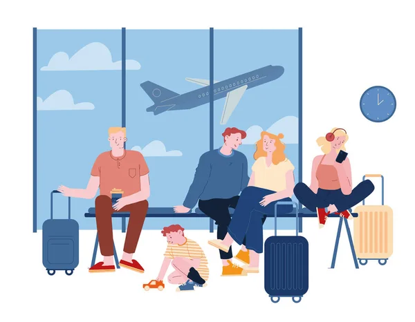 Persone in aeroporto in attesa di imbarco. Papà, mamma, figlioletto Viaggiatori con valigie seduti al terminal con aereo volante sullo sfondo. Viaggiare con bambini cartone animato piatto Vector Illustration Line Art — Vettoriale Stock