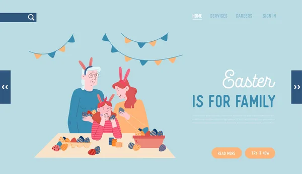 快乐家庭准备复活节庆祝网站登陆网页。 外婆，妈妈和小女孩穿着兔子耳朵彩绘鸡蛋网页横幅。 卡通平面矢量图解、线条艺术 — 图库矢量图片