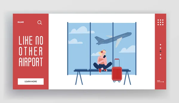 Verão Tempo Férias Viagem Site Landing Page. Menina adolescente em fone de ouvido com Smartphone em mãos Espere Partida na Área Terminal do Aeroporto Fundo Web Page Banner. Desenhos animados ilustração vetorial plana — Vetor de Stock