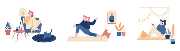 Woman and her Cat Set. Young Girl Spend Time at Home Drinking Wine, Doing Fitness Workout Exercising, Reading Book with Pet. Loneliness or Happiness Concept. Cartoon Flat Vector Illustration, Line Art — Stock Vector