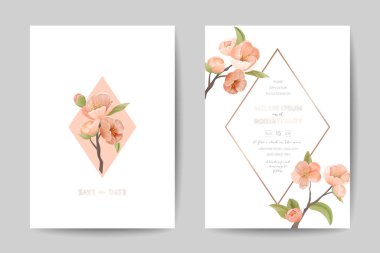 Pembe kiraz çiçekleri ve yeşil yapraklı süsleme şablonlu düğün davetiyesi seti. Çiçek Posteri, Davet Kutlama Arkaplanı, Banner Flyer Broşürü. Çizgi film Düz Vektör İllüstrasyonu