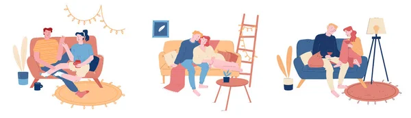 Conjunto de Casais Amantes. Jovens heterossexuais apaixonados passam tempo juntos, homem e mulher abraçando no sofá, bebem vinho e chá em casa interior. Romance Cartoon Flat Vector Ilustração, Line Art — Vetor de Stock