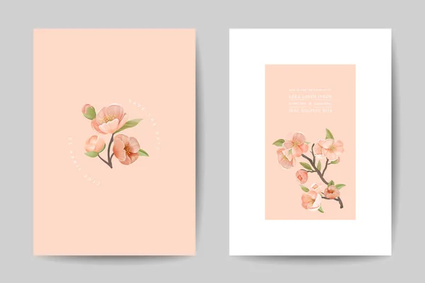 Stylish Wedding Invitation Cards Templates Set. Decorative Vintage Elements Composition with Cherry Flowers on Pink and White Background, Poster Banner Flyer Brochure. Cartoon Flat Vector Illustration — 스톡 벡터