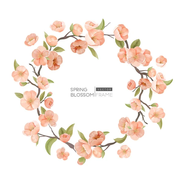 Cherry Blossom Border, Realistic Spring Flowers, Leaves and Branch Round Frame on White Background. Design Element for Wedding Invitation, Greeting Card, Banner or Poster Template. Vector Illustration — Stock Vector