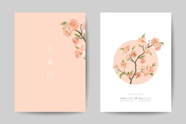 Romantiska trendiga bröllopsinbjudningskort set. Cherry Sakura Blommor med blad på rosa och vit bakgrund med natur konst affisch Banner Flyer Broschyr Mallar Tecknad Platt vektor Illustration — Stock vektor