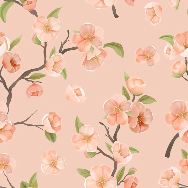 Körsbärsblomma sömlösa mönster med blommor och blad på rosa färg bakgrund. Tapet eller omslagspapper dekoration, Textil prydnad, blommande Sakura dekoren för tygkonst. Vektor Illustration — Stock vektor