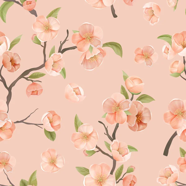 Cherry Flower Seamless Pattern with Blossoms and Leaves on Pink Color Background. Wallpaper or Wrapping Paper Decoration, Textile Ornament, Blooming Sakura Decor for Fabric Art. Vector Illustration — 스톡 벡터